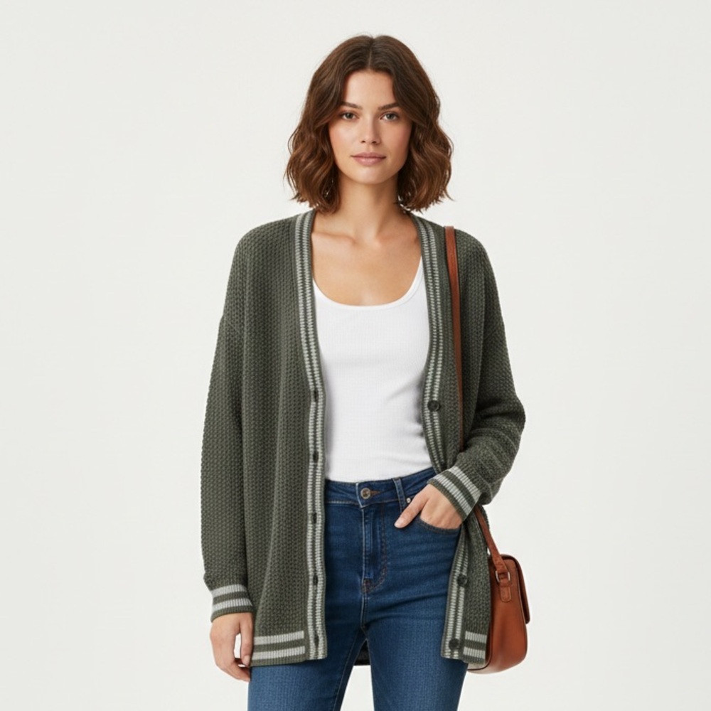 American Eagle Outfitters Olive Green Varsity-style button-front Cardigan - Picture 4 of 9